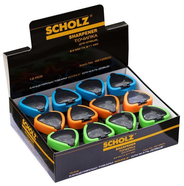 Точилка "SCHOLZ" /4812SCH/ з конт. та кришкою, подвійна, діам. 8мм+11мм, асорті, в дисплеї (12/720) 167949 фото